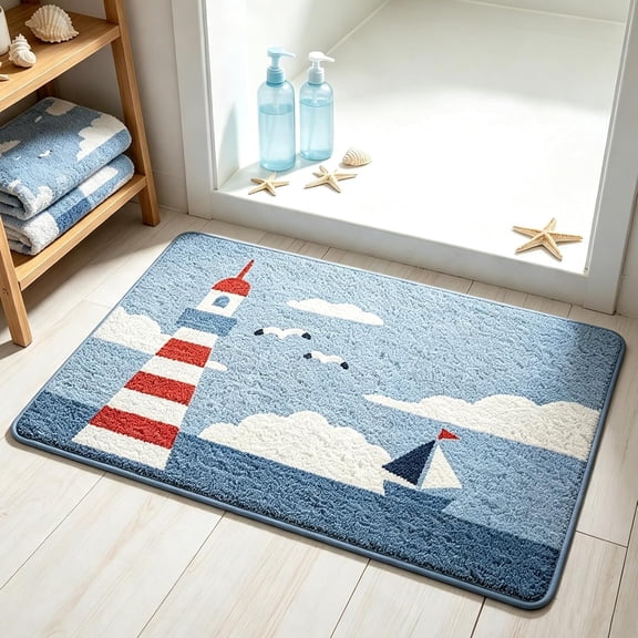 Nautical Lighthouse Bath Mat, 32"x20" Sailboat Cloud Sea Ocean Bathroom Rug, Soft Microfiber Absorbent Non Slip Tufted Rug Washable, Coastal Decor Floor Mat for Bathroom Shower Bathtub Bedroom