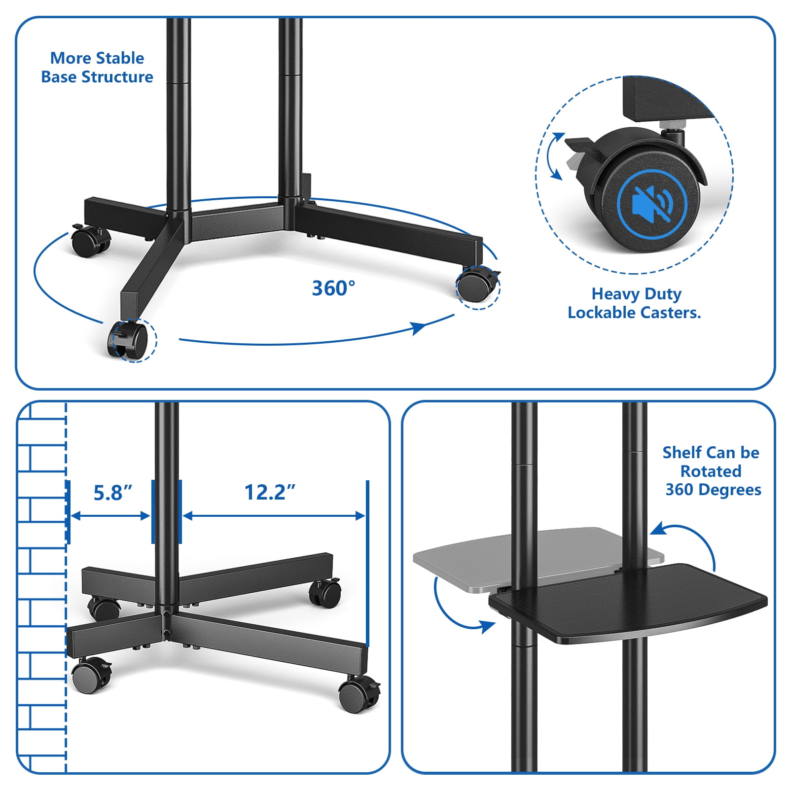 TAVR Furniture TV Stand Rolling TV Stand on Wheels for 32 to 70 inch Flat Panel Screen TVs, Black