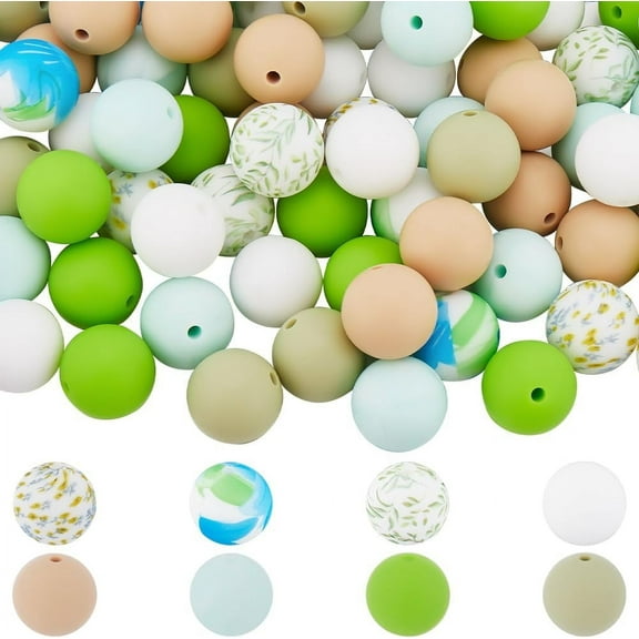 72Pcs 8 Styles Green Silicone Bead Matte Round Beads 15mm Frosted Bubblegum Colorful Ball Candy Color Chunky Loose Spacer Beads