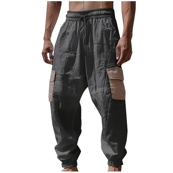 Kvture Linen Cargo Sweatpant for Men Summer Fall Elastic Waist Drawstring Jogger with Pocket Beach Yoga Travel Lounge Pant Gray XXXL