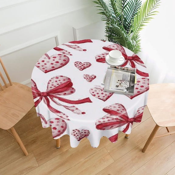 RKSupls 60 Inch Round Tablecloth, Hearts Bows Red Pattern Premium Polyester Straight Edge Wrinkle Resistant Washable Table Cover for Party Home Dining Decor