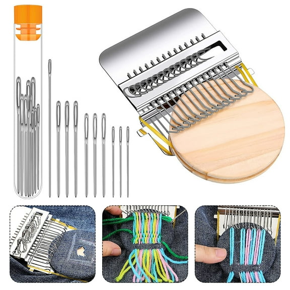 Littleduckling Small Weaving Loom Kit with 14 Hooks and 9 Needles Mini Darning Loom Speedweve Type Weave Tool Beginners Quickly Mending Loom Machine DIY Weaving Arts for Jeans Socks and Clothes