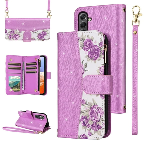 Furiet for Samsung Galaxy A16 5G/4G Floral Wallet Case with Zipper Purse Wrist Strap Shoulder Strap, Luxury Glitter PU Leather Card Holder Stand Accessories Cell Phone Cover for A 16 Women Purple
