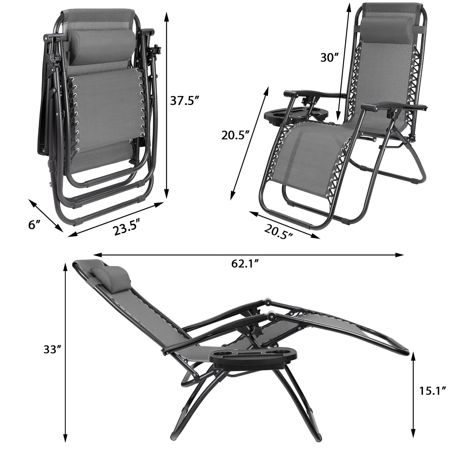 Vineego Zero Gravity Chairs Patio Chairs Lawn Lounge Chair Patio Set of 2 with Pillow and Cup Holder Patio Furniture for Poolside Backyard and Beach Set of 2 (Gray)