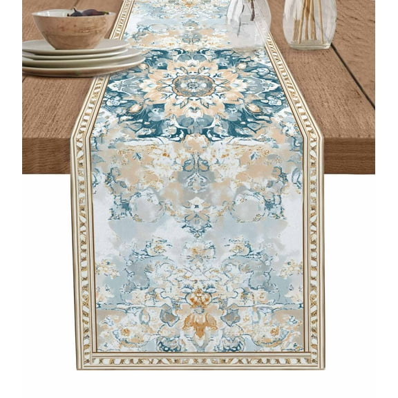 Hokiten Table Runners 90 Inches Long Dress Scarves, Blue Bohemia Farmhouse Coffee/Dining/Kitchen Table Runner for Living Room, Boho Aztec Ethnic Abstract Flowers Pattern 13x90 Inch