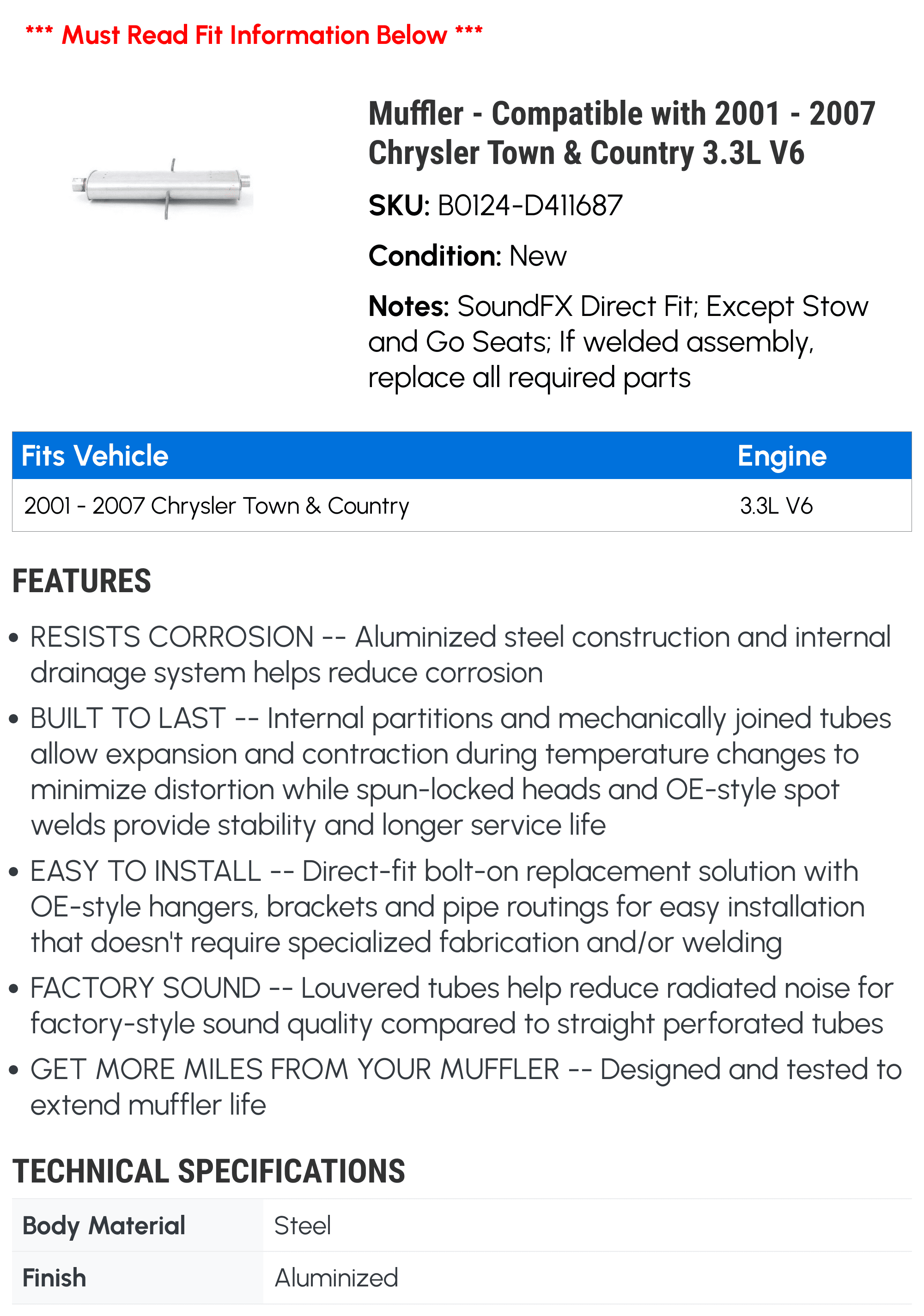 Muffler - Compatible with 2001 - 2007 Chrysler Town & Country 3.3L V6 2002 2003 2004 2005 2006