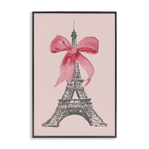 Stupell Industries Pink Bow on Eiffel Tower Buildings & Architecture Painting Black Framed Art Print Wall Art, 12 x 18