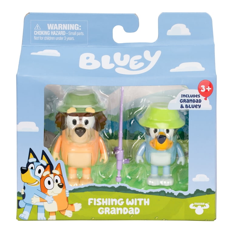 bluey kids fishing pole 2 Pack Figures - with Grandad, 2.5 inch Figures with Accessories, Can Recreate Their Favorite Moments from the Episode and comes with fun accessories to dress up and play with the characters Bluey Figure 2 Pack -