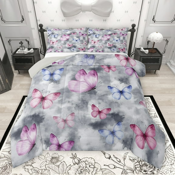 Manfei Cartoon Grey Pink Butterfly Bedding Comforter Set, Dreamy Watercolor Twin Comforter Sets, Teens Kids Girls Female Reversible Bedding Set, Luxury Bedroom Decor, 2pcs