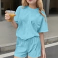 thumbnail image 2 of Ensemble T-Shirt et Short pour Filles, Haut à Col Rond Uni à Manches Courtes et Short, Tenue de Sport Décontractée Deux Pièces pour Enfants, 2 of 7