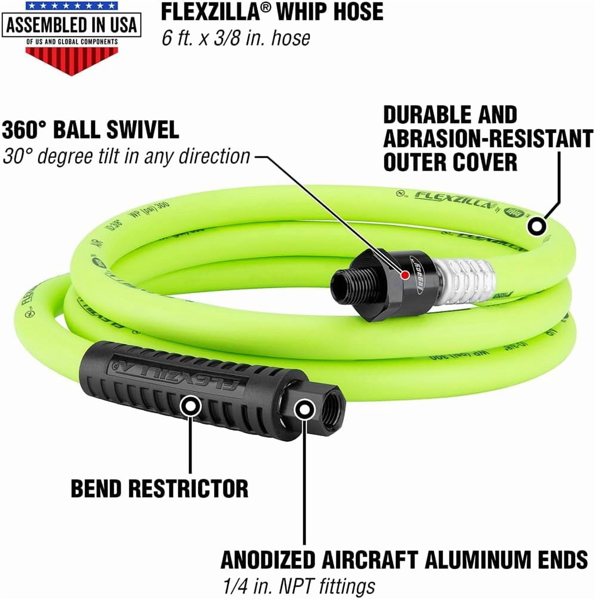 FANHAO Swivel Whip Air Hose, 3/8 in. x 6 ft. (1/4" MNPT Ball Swivel x 1/4" FNPT Ends), Heavy Duty, Lightweight, Hybrid, ZillaGreen - HFZ3806YW2B