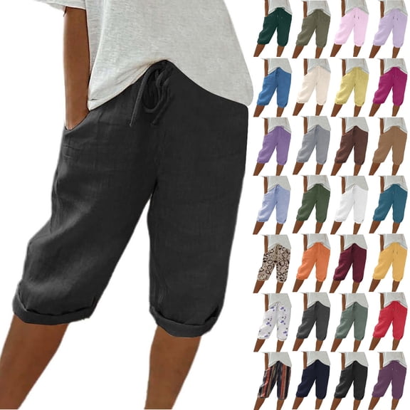 HKYNLAG Linen Shorts for Women 2026 Drawstring High Waist Knee Length Bermuda Short Loose Comfy Casual Summer Shorts with Pocket Dark Green L