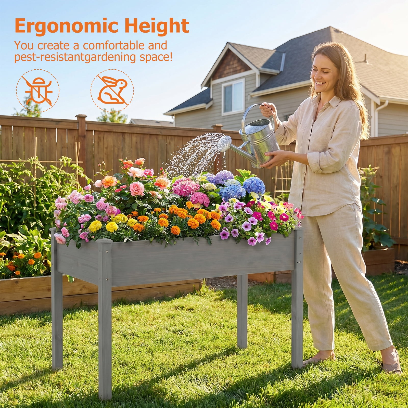 Atilioo Wooden Raised Garden Bed with Legs, 48x24x30 Inch Elevated Reinforced Planter Box for Backyard, Patio, Balcony w/ Liner, Gray