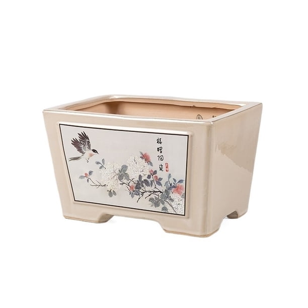 Maceta rectangular de cerámica con orificios de drenaje for balcón, flores, plantas verdes y bonsáis.