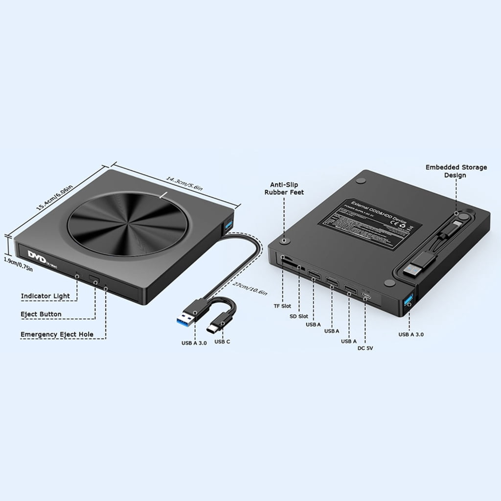 AOOOWER External CDs/DVDs Drive USB3.0 Type C with 4 USB Port and Two Card Slots for Various