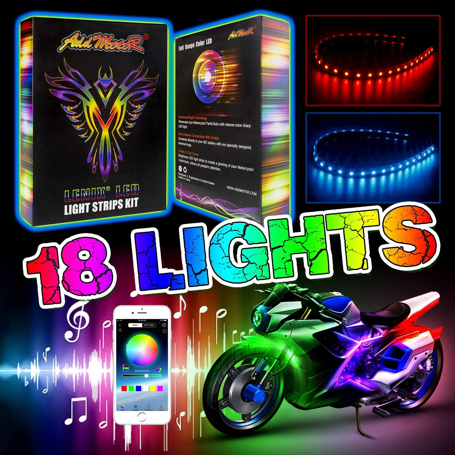 18 Light Flash to Music Motorcycle LED Strip Kit Neon Glow Body Frame Brake Mode