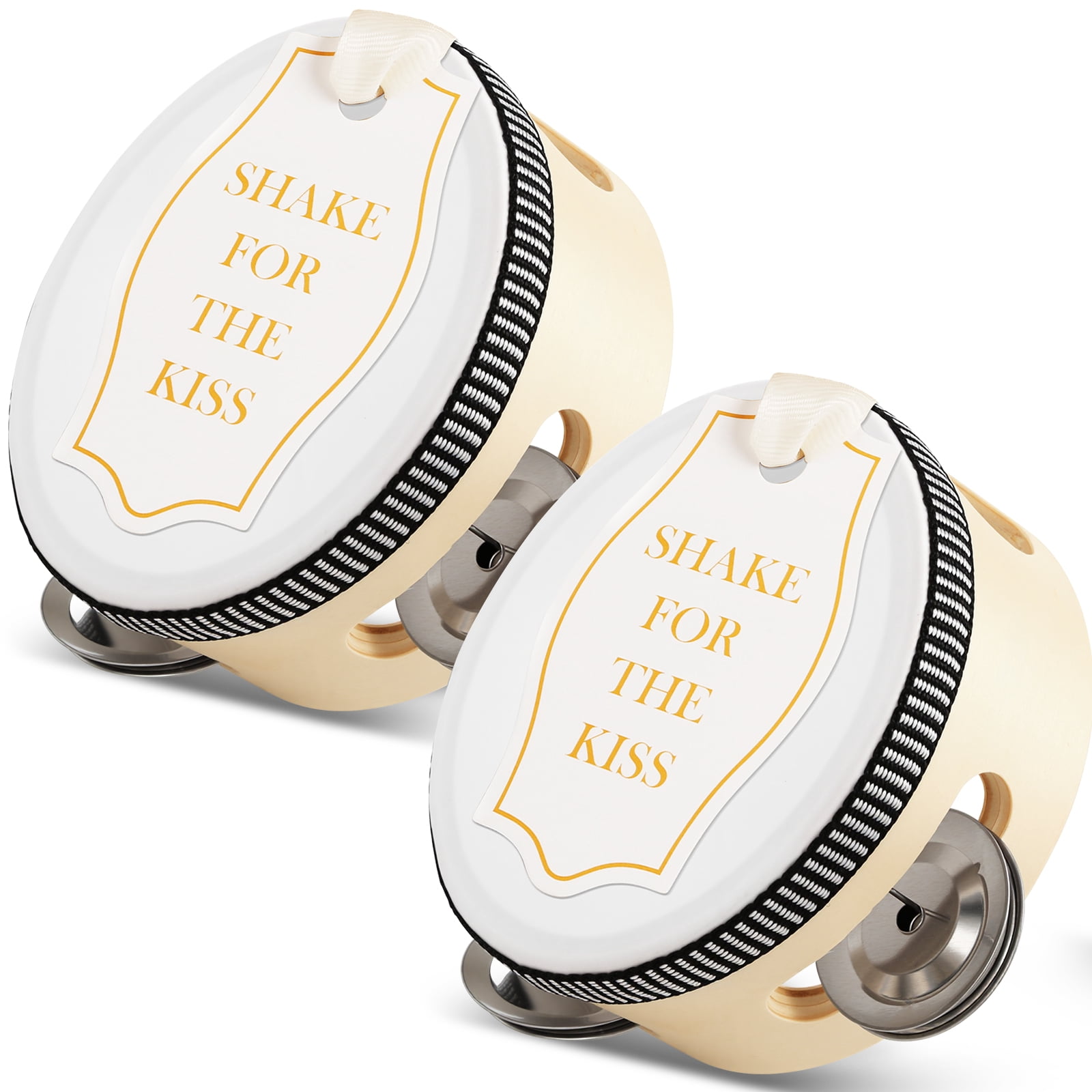 Strafriture 48 Set 4 Inch Tambourine for Hand Held Drum with Gift Tags & White Printed Ribbon Percussion Gift Musical Instrument for Church Wedding Party Favor