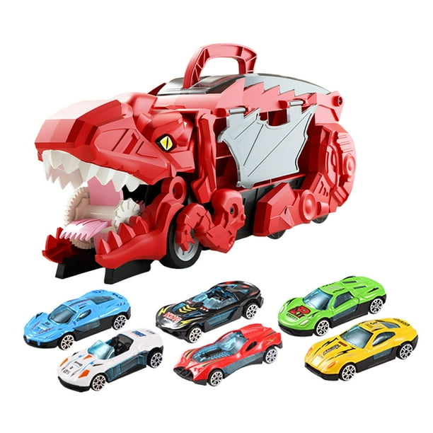 Juego de vehículo de deglución de dinosaurios, juguete de dinosaurio de camión transportador transformable, golondrina Rojo con 6 autos.