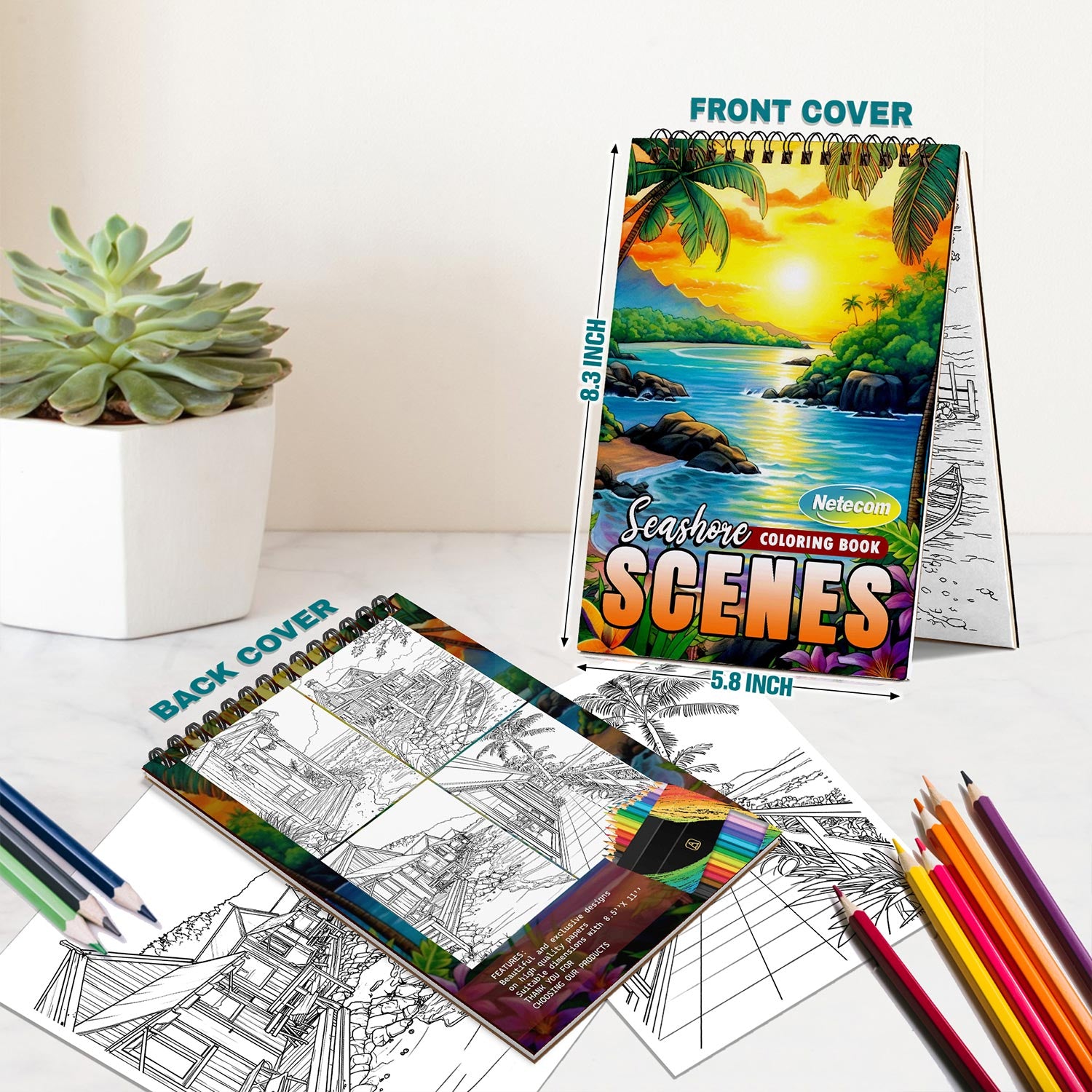 Netecom Seashore Scenes Coloring Book Spiral Bound for Adults, A5 Wooden Cover, 30 Charming Coloring Pages of Sea Landscapes for Stress Relief and Relaxation
