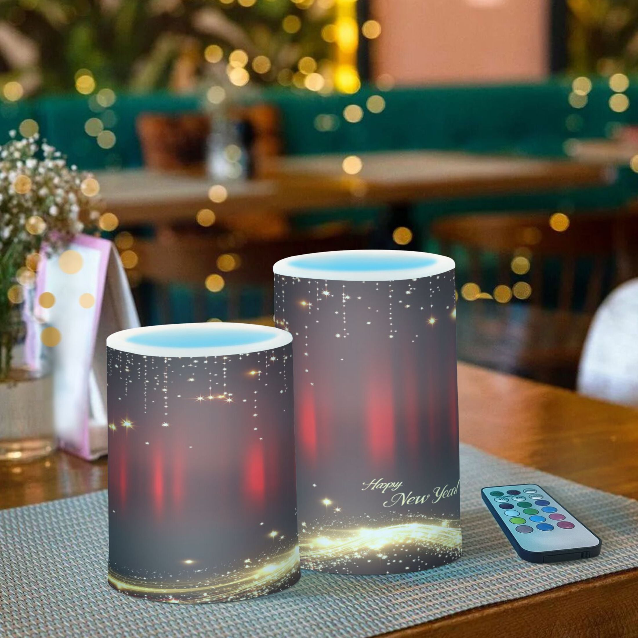 Happy New Year Design Set of 2 Flameless LED Candles Remote and Timer Indoor Outdoor