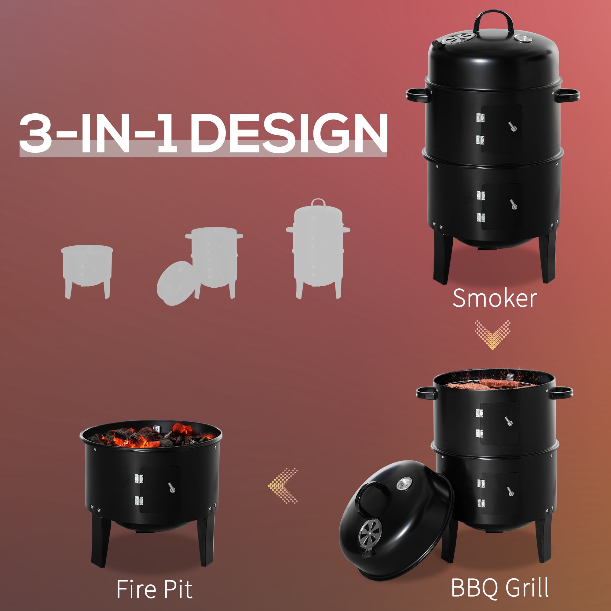 3-in-1 Vertical Charcoal BBQ Smoker Grill with 2 Cooking Areas and Thermometer