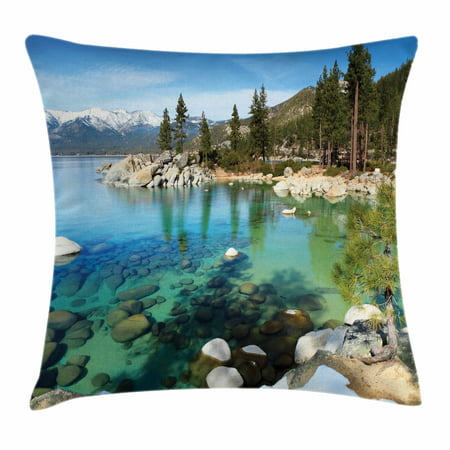 Lake Tahoe Throw Pillow Cushion Cover, Scenic American Places Mountains with Snow Rocks in the Lake California Summer, Decorative Square Accent Pillow Case, 16 X 16 Inches, Multicolor, by (Best Place To See Rocky Mountains)