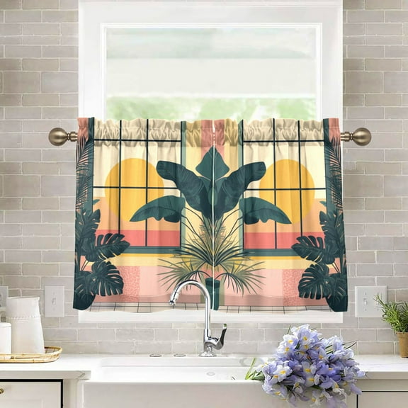 Yayeee Kitchen Curtains Tier Pair Light Filtering 27"x24" Rod Pocket Short Cafe Window Panel, Pink Sunset