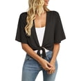 thumbnail image 2 of Hearthz Women's Short Cardigan Sheer Shrug Tie Open Front Bell Sleeve Summer Cropped Cardigan Black M, 2 of 7