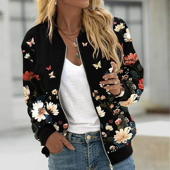 Hvyesh Women Zip Up Bomber Jackets Cute Floral Print Coat Spring Fall Long Sleeve Padded Coats Windbreaker Outerwear with Pockets Multicolor