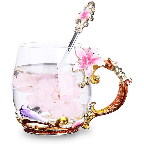 Flower Tea Cups,Lead Free Handmade Glass Tea Cup Mug with Handle and