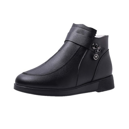 

hopeusnice Women s Ankle Boots Winter Warm Plush Lined Buckle Zipper Shoes Comfortable Faux Leather Short Boots Black 36