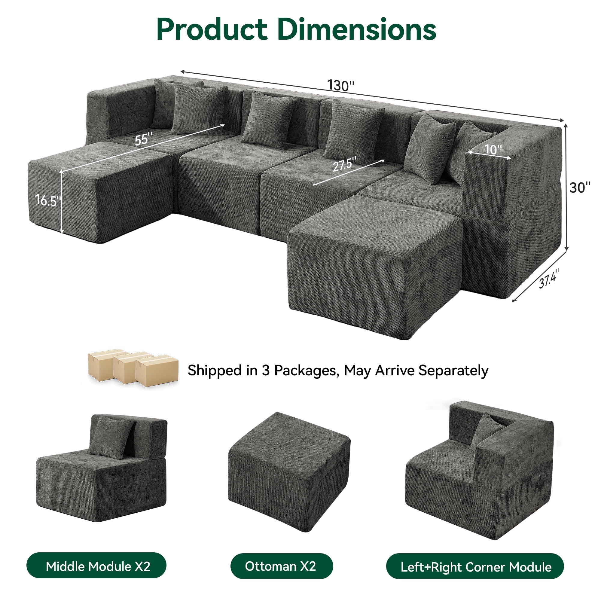 BEHOST 130" 6-Piece Modular Sectional Sofa with 2 Movable Ottomans, U-Shaped Cloud Couch for Living Room, Modern Chenille Deep Seat Sofa Set, Flexible Oversized Sleeper Couches, Dark Gray