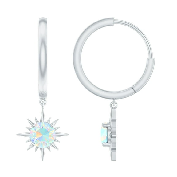 Rosec Jewels 5 MM Round Shape Ethiopian Opal Sunburst Hoop Drop Earrings For Women, 10K White Gold