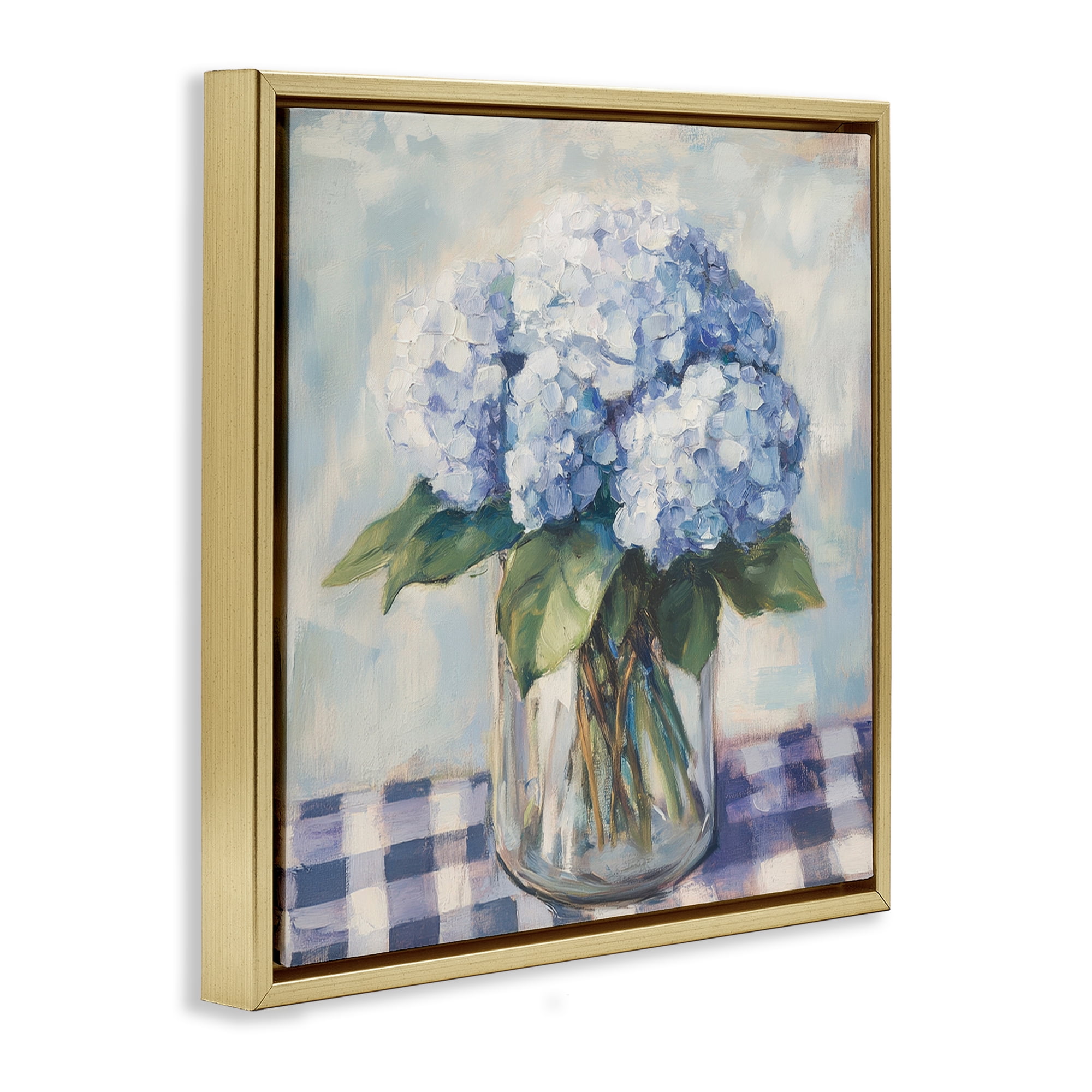 Stupell Industries Hydrangeas on Gingham Tablecloth Gold Framed Floater Canvas Wall Art, design by Petal Prints Design