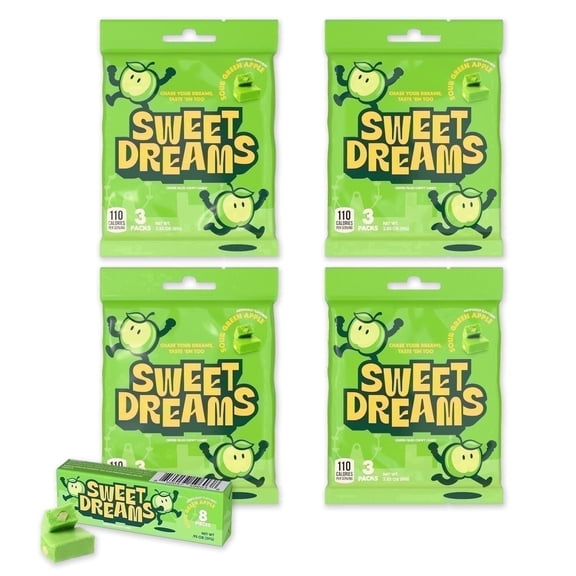 Sweet Dreams Soft Center-Filled Chewy Candy, Sour Apple, 96 Individually Wrapped Candies (4 Pack), Gluten-Free Fruit Chews, 3 Sticks per Bag