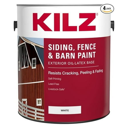 Kilz 1682863 Exterior Paint - 1 Gallon White Siding, Fence & Barn Paint (4 Pack) Oil & Water-Based Versatile Coating