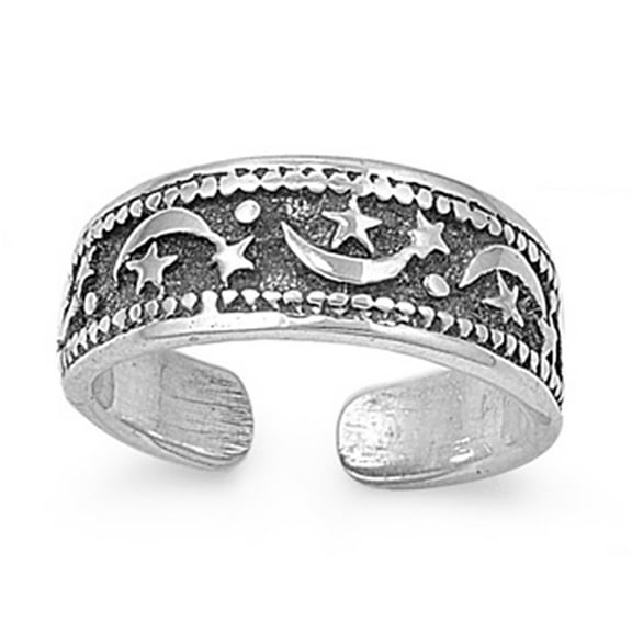 Sterling Silver Moon & Star Toe Ring Adjustable Astrological Midi Band Jewelry Female Unisex