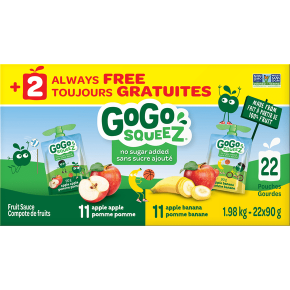 GoGo squeeZ Fruit Sauce Snack Pouches Multi-Pack, Apple Banana, No Sugar Added. 90g per pouch, 22 Pouches