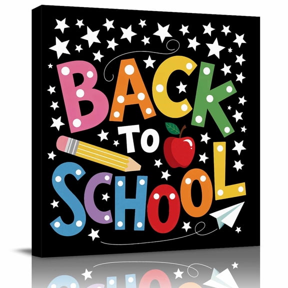 Back to School Pencil Apples Canvas Artwork Painting Art, White Stars on Black Square Framed Wall Decorations Prints Picture for Bedroom Kitchen Living Room, 8x8 in