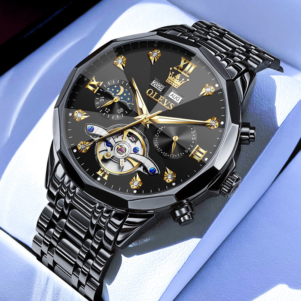 OLEVS Automatic Watches for Men Luxury Dress Waterproof Self Winding Mechanical Moon Phase Chronograph Stainless Steel Luminous Diamond Date Skeleton Tourbillon Wristwatch for Men Reloj Para Hombre