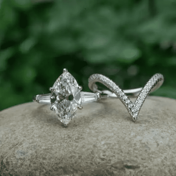 Marquise Cut Curved Matching Wedding Band- Bridal Ring Sets in 925 Sterling Silver