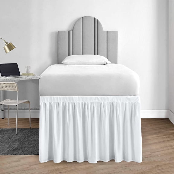 Twin XL bed skirt for dorms, ruffled bed skirt with split corners, extra long 36 inch drop, brushed microfiber, easy care, wrinkle resistant, white