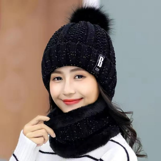 Womens Pom Beanie Hat Scarf Set Girls Cute Winter Ski Hat Slouchy Knit  Skull Cap with Fleece Lined,Black