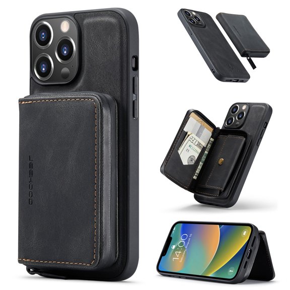 2 in 1 Detachable Back Cover Compatible with iPhone 14 Pro Magnetic Wallet Case with Card Holder PU Leather Zipper Pocket Slim Phone Cases with Kickstand (Black)