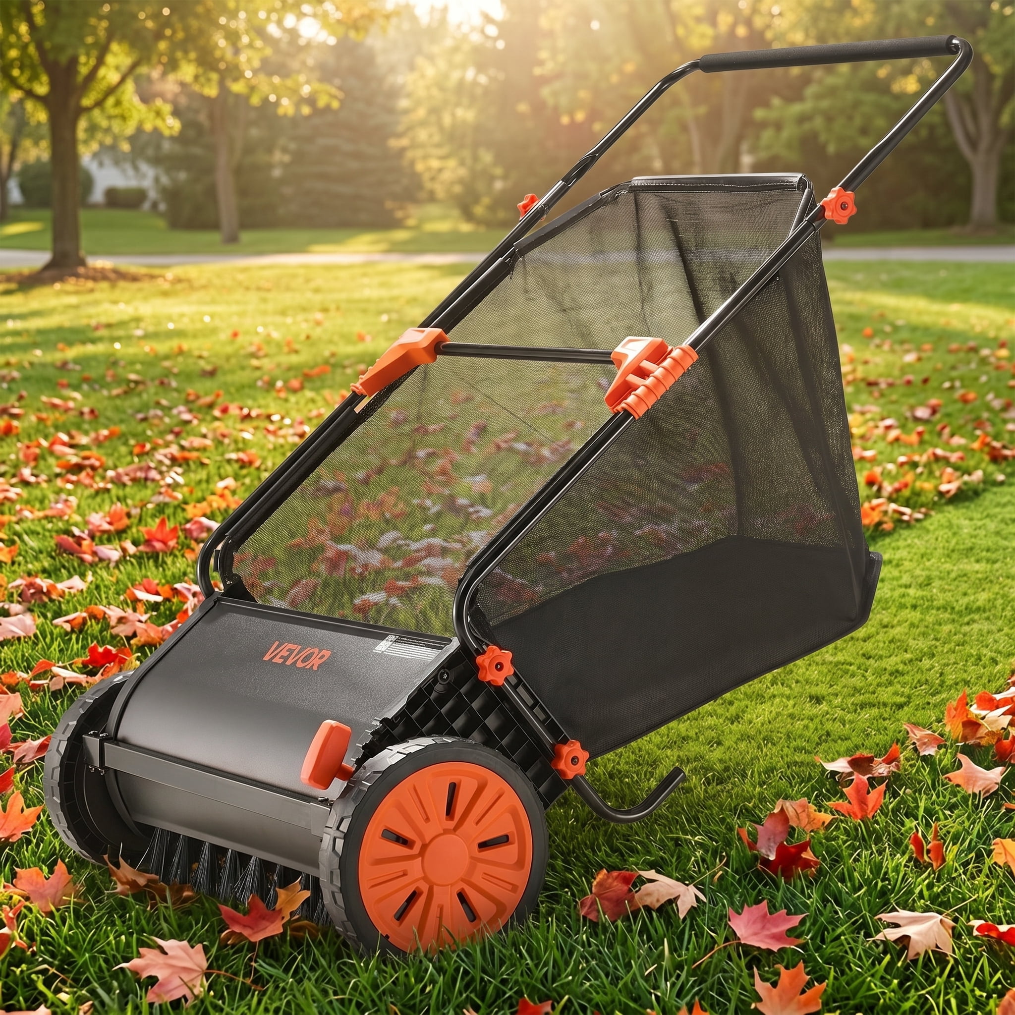 NOBOLEA 26" Push Lawn Sweeper, 7 Cu Ft Leaf & Grass Collector with Adjustable Brushes, Heavy Duty Yard Sweeper with Rubber Wheels for Outdoor Lawn Cleanup