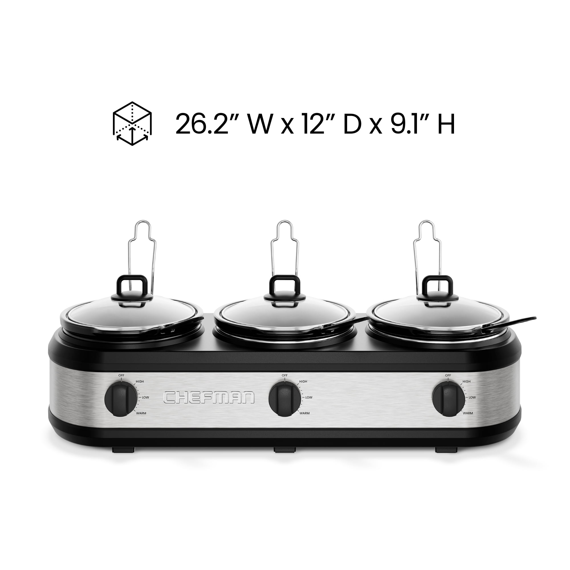 Chefman Triple Slow Cooker & Buffet Server, Three 2.5-Quart Inserts – Stainless Steel