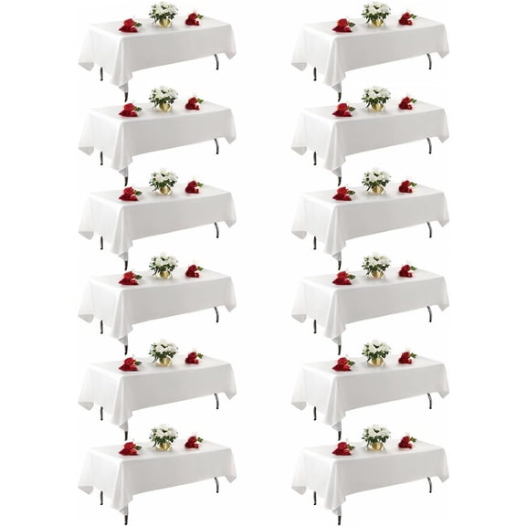 KUOGO 12 Pack 60 x 102 Inch White Tablecloth, Polyester Table Cloth for 6 Foot Rectangle Tables, Wrinkle Resistant Washable Decorative Fabric Table Covers for Wedding Party Banquet Buffet and Camping