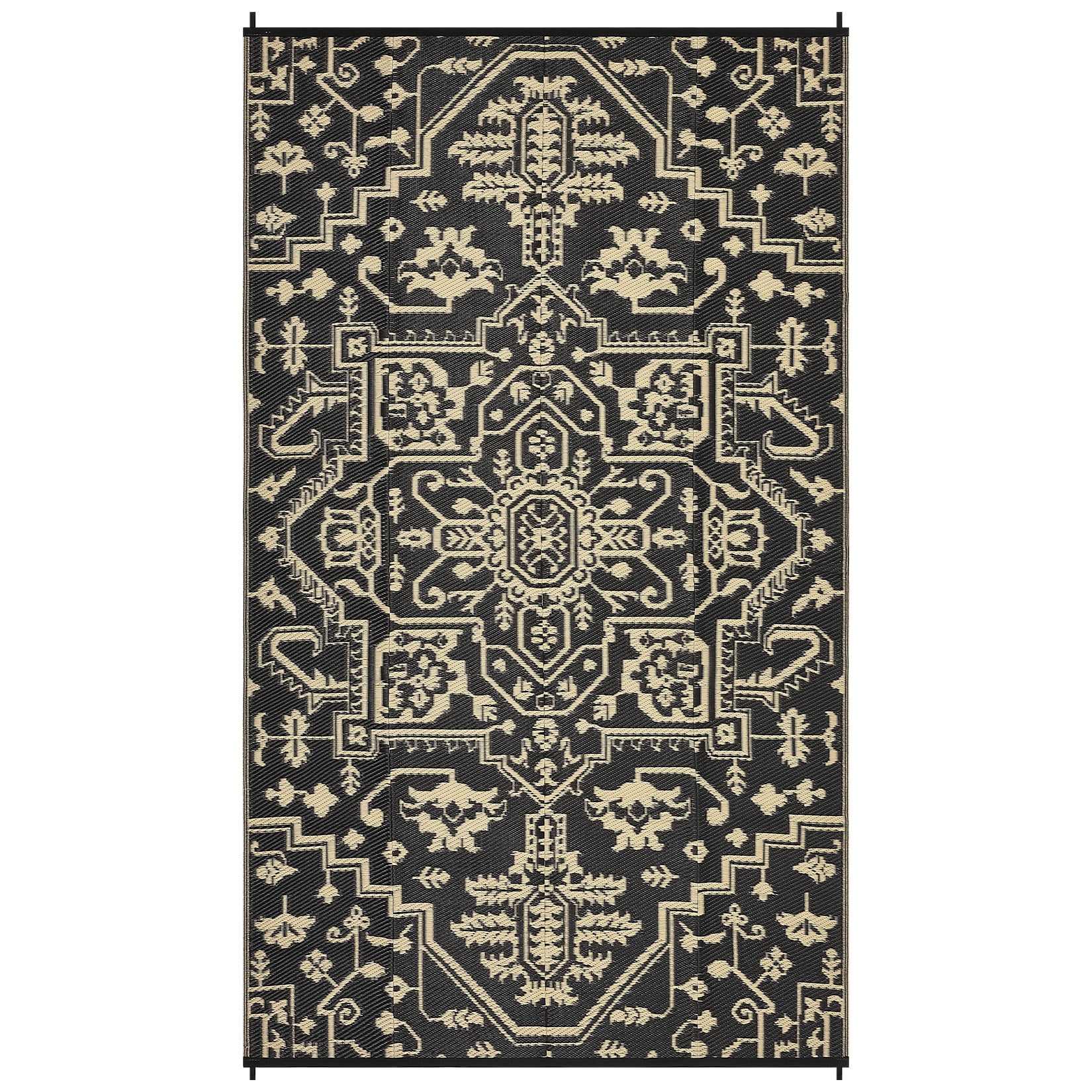 Nanan 9x18ft Outdoor Patio Rug, Portable Waterproof Plastic PP Tube Rug, Modern Scalloped Edge Mat for Deck, Yard, Camping, Balcony & Poolside, Black/Brown