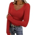 thumbnail image 3 of YanHoo Long Sleeve Shirts for Women Rib Knit Slim Fit Tops V Neck Basic T-Shirts with Thumb Holes Fall Fashion Underscrubs Layer Clothes Red,XL, 3 of 8
