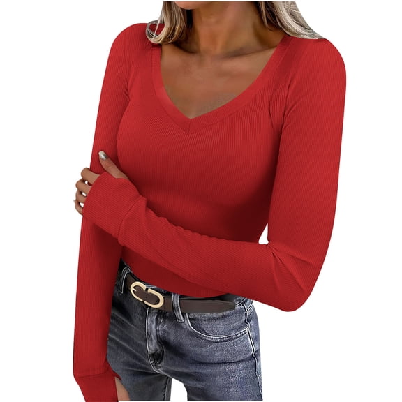 Atogsazn Women's V Neck Blouse Casual Ribbed Knit Thermal Underwear Tunic Tops Pullover Sweater Clothing 01-Red L Fashion